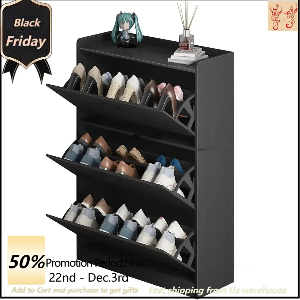 18 pairs of shoe cabinet with 3 flip-out drawers, concealed shoe rack organizer, front door entrance high shoe rack