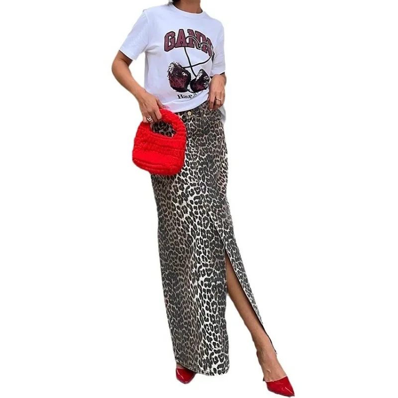 Vintage Leopard Print Skirt Harajuku Y2k Clothes Trends High Waist Midi Skirt Spring Summer Women Fashion Elegant Long Skirts