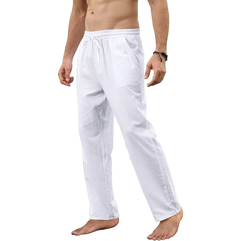 Men's Cotton Linen Pants Loose Breathable Casual Solid Color Long Pants Large Size Streetwear Fitness Lightweight Yoga Trousers