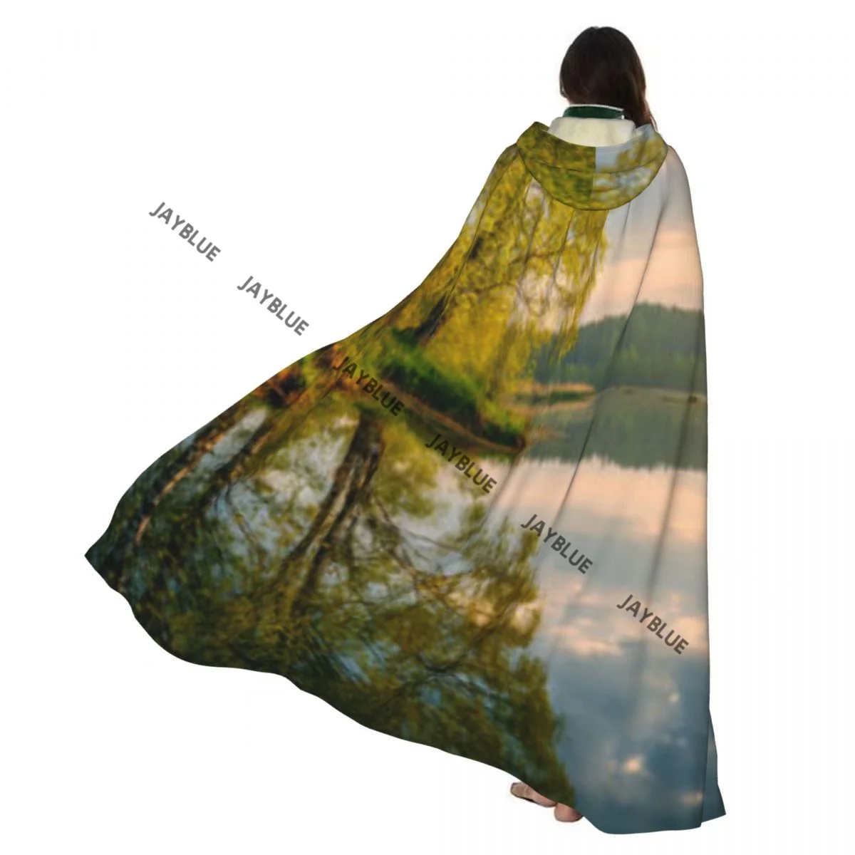 Cape à capuche unisexe en polyester, motif scène paisible au bord du lac au coucher du soleil, accessoire de costume de sorcière