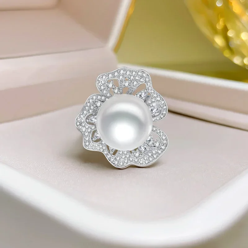 925 Silver Ring Luxury Australian White Pearl Large Ring Premium 14mm Round Aurora Classic Simple Wedding Jewelry