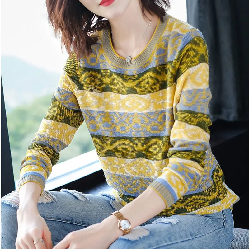 Stylish Vintage Striped Knitted Jumpers Autumn Winter Contrasting Colors Casual Loose Women\'s Clothing Korean Spliced Sweaters