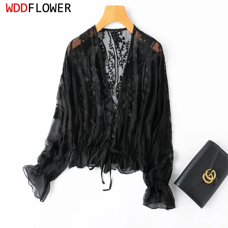 Women Shawl 100% Pure Silk Jacquard Thin Type Bow-tied Ruffles Bottom Cappa Cardigan Blouse Top Shirt MM992