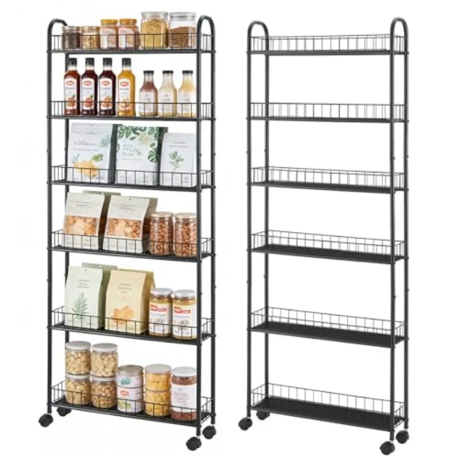 

Slim Storage with Wheels Black Narrow Rolling Shelf Sturdy Slim Storage Ideal for Kitchen Bathroom and Laundry Room