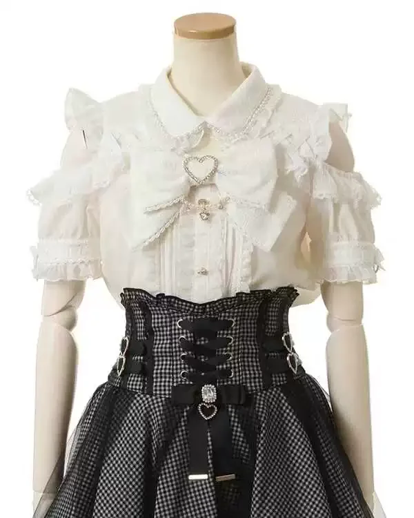 Japanese Mine New Summer Off-Shoulder Pearl Collar Cute Sweet Big Bow Short Sleeve Shirt Women's Lolita Blouse Top and Skirt Set