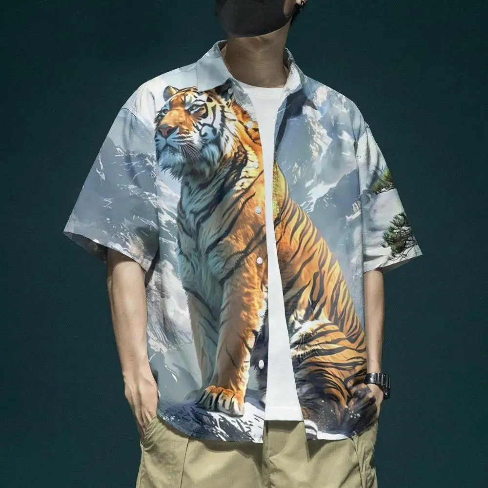 Camisa de manga corta con estampado de tigre en 3d para hombre, Tops hawaianos informales de verano, Top de gran tamaño, 2024