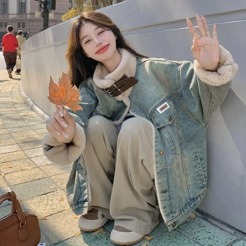 Abrigo de vaquero americano para mujer, Parka gruesa con forro polar de invierno, Chaqueta de algodón holgada, prendas de vestir exteriores, abrigos cálidos informales, 2025