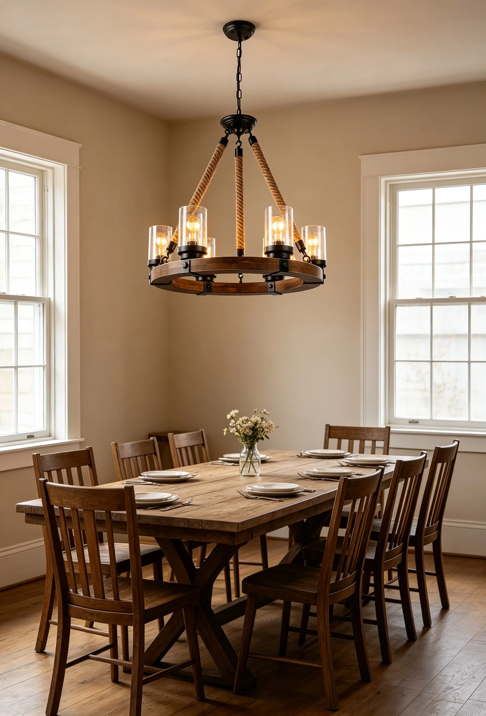 Rustic Farmhouse 6-Light Wagon Wheel Chandelier, Solid Wood Metal Rope Pendant E27 Glass Shade for Kitchen Dining Living Room