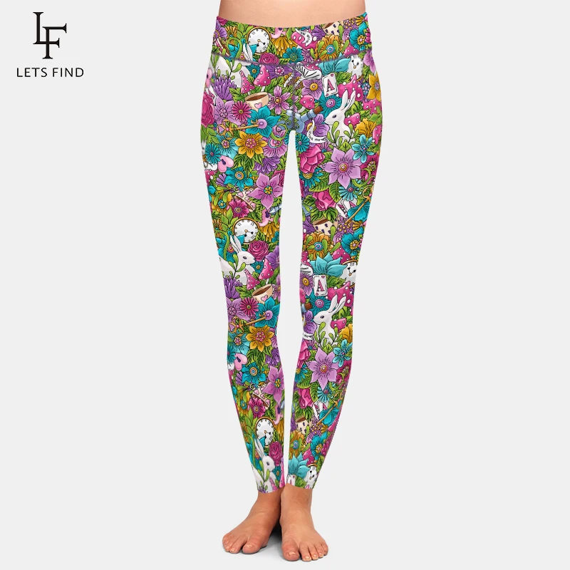 LETSFIND 3D Hand-painted Flowers Clocks Rabbits Design Leggings Women High Waist Sexy Elasticity Pants Fitness