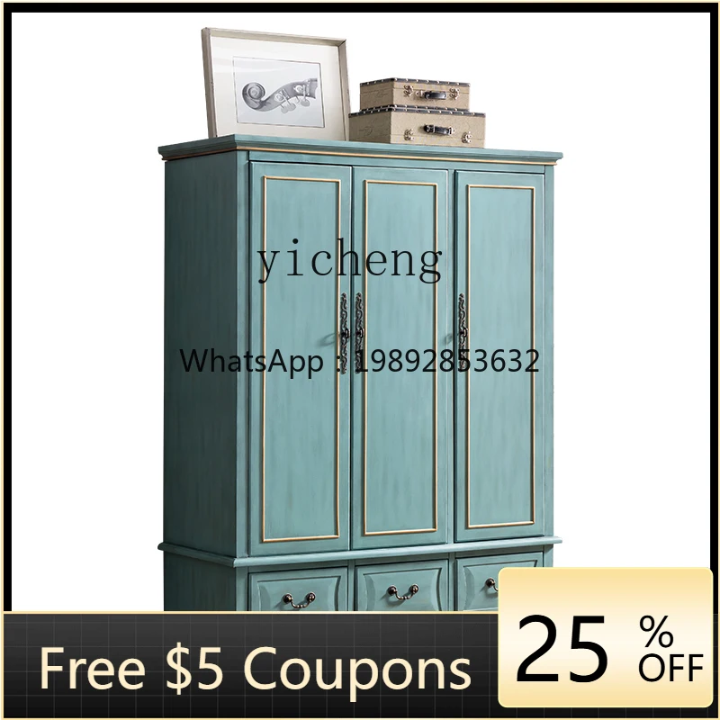 

ZZk Bedroom Retro Distressed Storage Cabinet Three-Door Three-Bucket Wardrobe Mediterranean Style Wardrobe