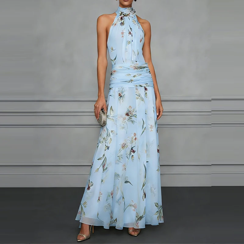 Elegant Halter Bow Lace-Up Vacation Dress Sexy Sleeveless Waist Draped Long Dress Women Fashion Print Slim Summer Party Dresses