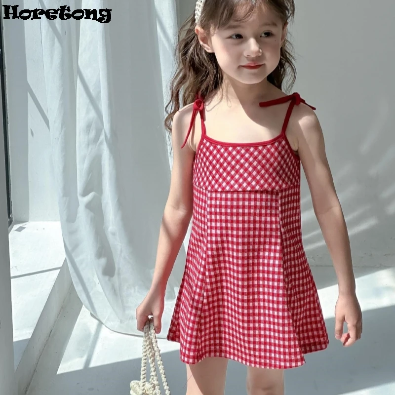 Horetong Children\'s Dress 2024 Summer New Girls Plaid Suspender Dresses Fashion Cute Kids Lace Up A-line Mini Dress Vestidos