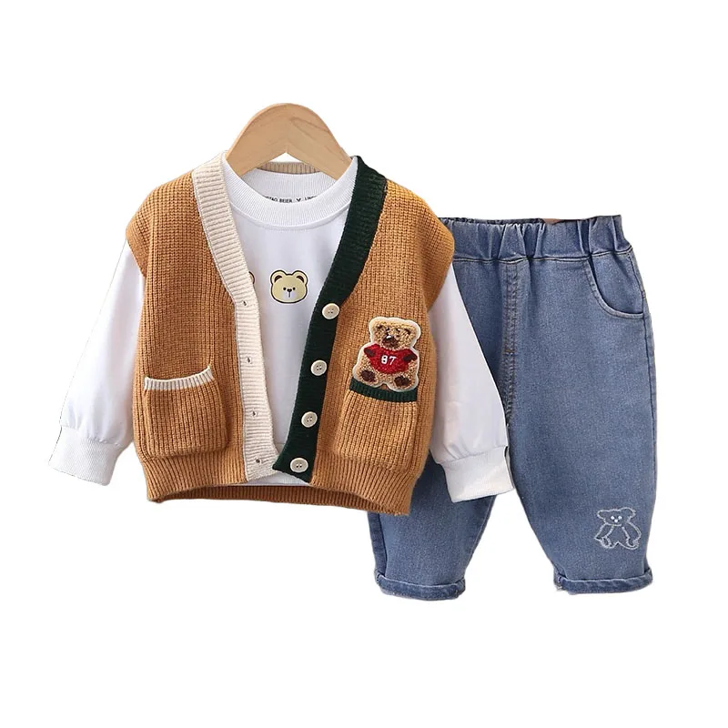 

Kids Sets 2024 Fall Baby Boy Clothes Free Shiping Cartoon Cardigan Knitted Sweater Vest + T-shirts + Pants Boys Boutique Outfits