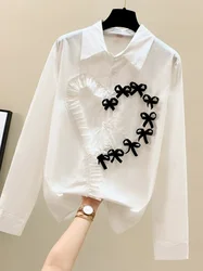 Turn Down Collar Loose High Street Shirts Vintage Spring Spring  Fashion Blouses Contrast Color Bowknot Single-breasted Bowknot