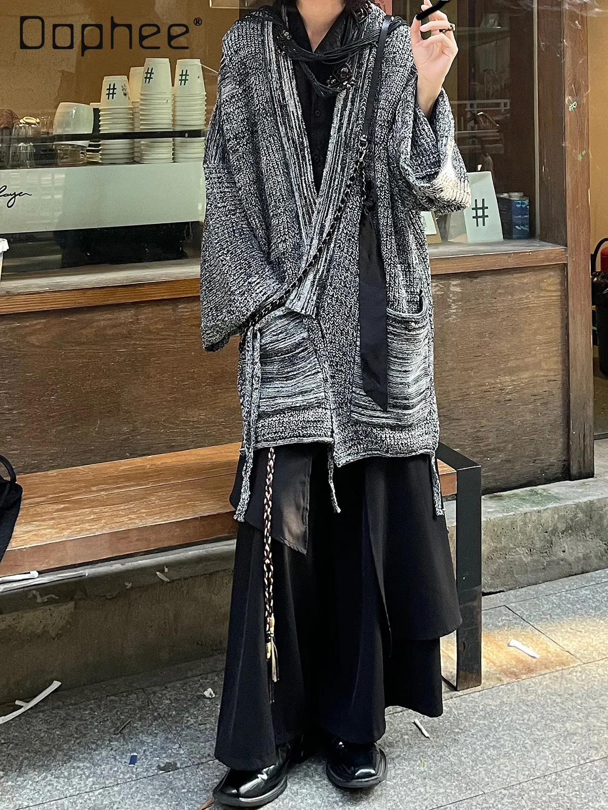 2025 Japanese Retro Style Autumn Winter Men's Lace-Up Large Pocket Design Loose Casual Gray Knitted Sweater Cardigan