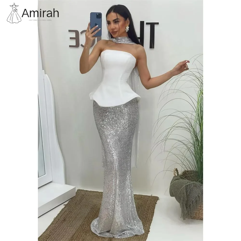 Amirah فساتين نسائية أنيقة مصنوعة حسب الطلب لحفلات الزفاف فستان ذيل السمكة ترتر ملابس ضيقة مكشوفة أكتاف بيضاء للحفلات الراقصة