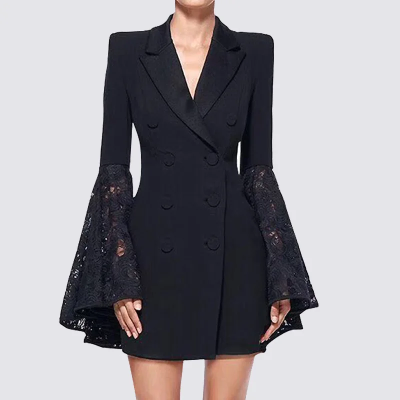

Luxury Autumn Lace Patchwork Black Blazer Women Flare Sleeve Slim Coat Office Lady Suit Double-breasted Design Jackets Trendy