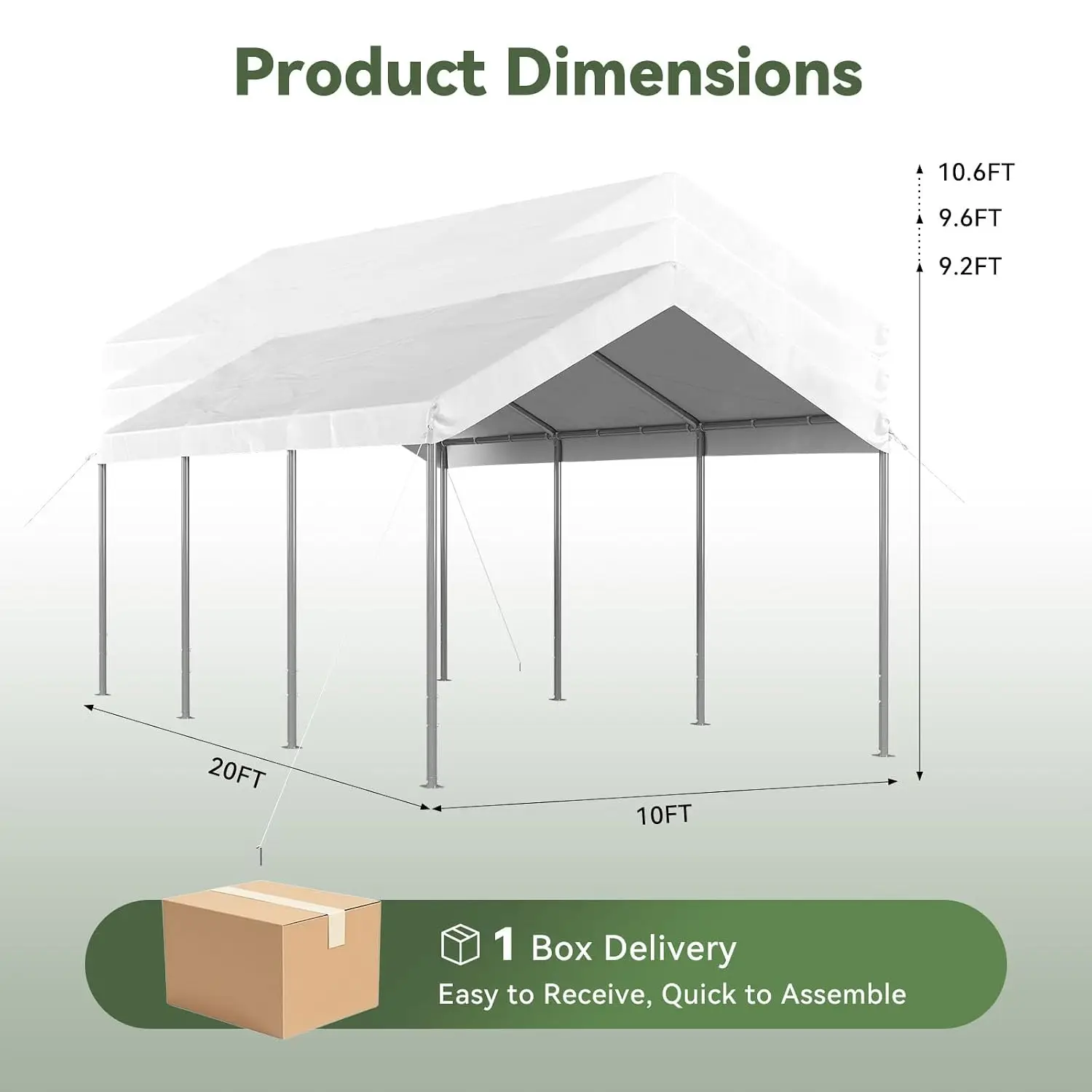 10x20 ft Heavy Duty Carport, Adjustable Height Portable Garage, White