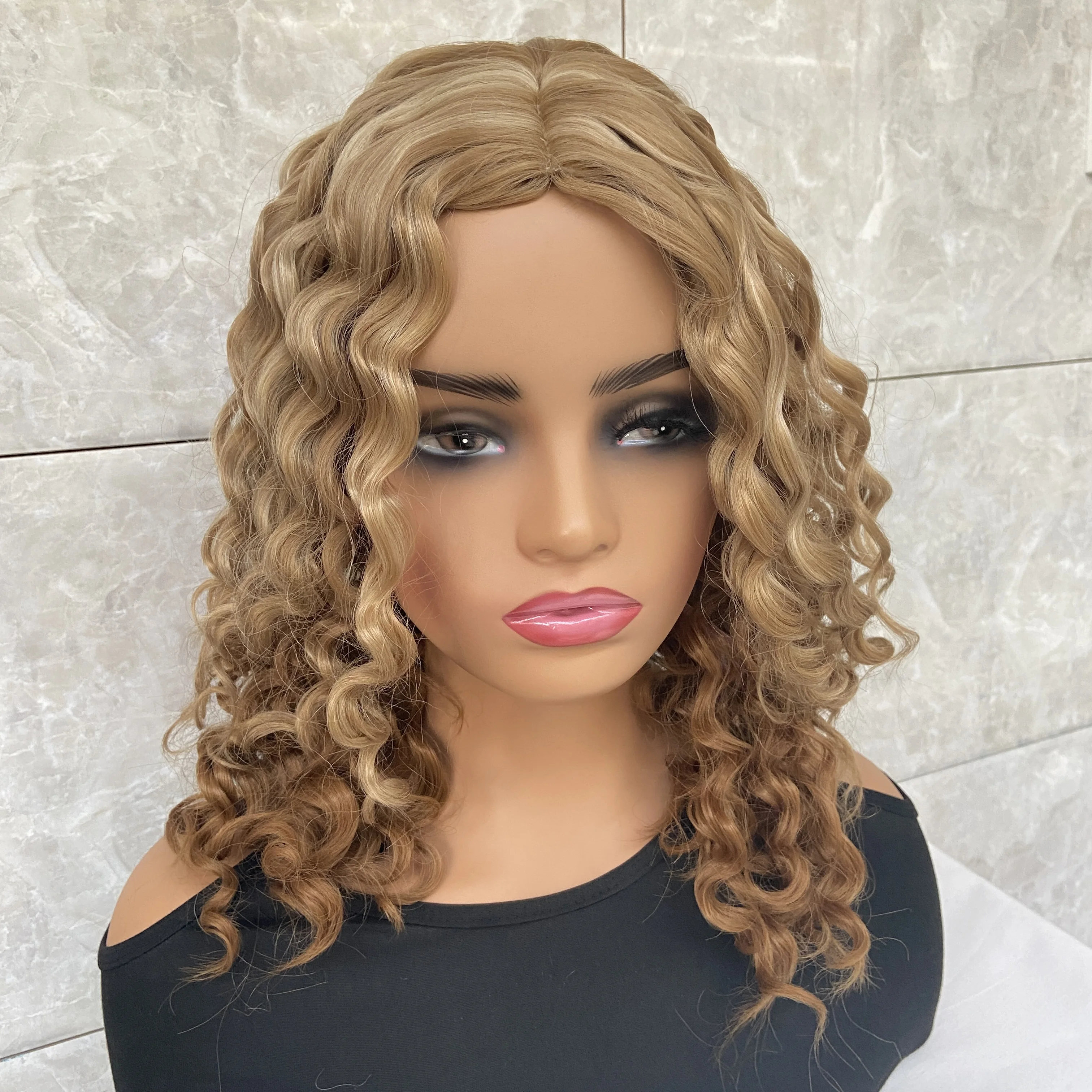 Fashiomag Shoulder Length Afro Kinky Curly Blonde Brown Mix Synthetic Hair Wigs Women Soft Natural Daily Use