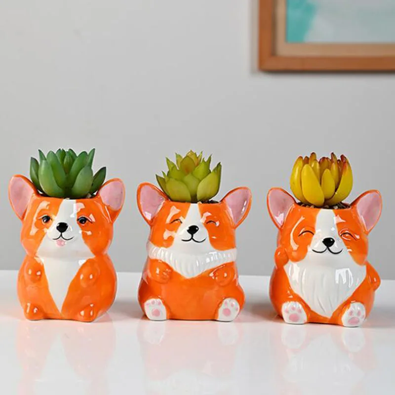 Cartoon Corgi Dog Porcelain Succulent Plant Pot Flowerpot Desktop Living Room Tabletop Ornaments Garden Planter Home Decor