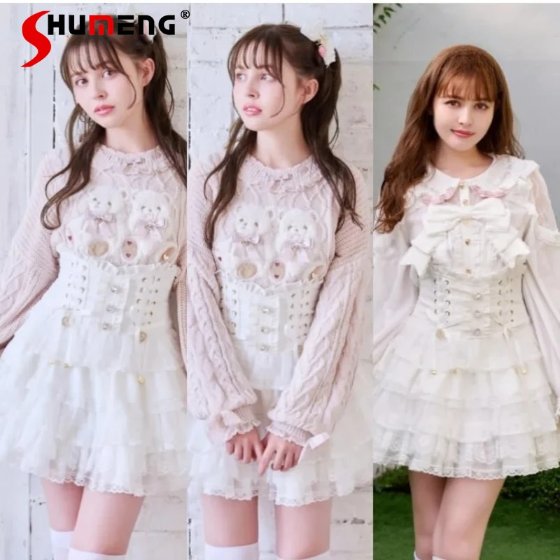 

Japanese Rojita Style Layered Mini Cake Skirt Three Colors Available Popular Women's Clothes High-waisted Lace-up Button Skirts