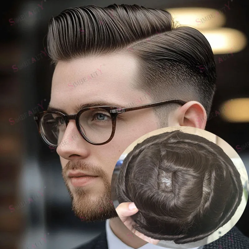 

# Мужской парик из натуральных европейских волос, 4 светло-коричневых оттенка, незаметный, ультратонкий (0.03 мм), 90% плотность, с естественной линией роста волос, серо-черный.