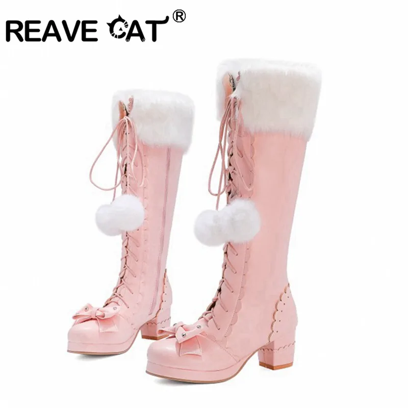 REAVECAT Lolita High Boots Fur Neck Girls Cosplay Party Princess Shoes Lace Up Bowtie Chunky Heel Side PU