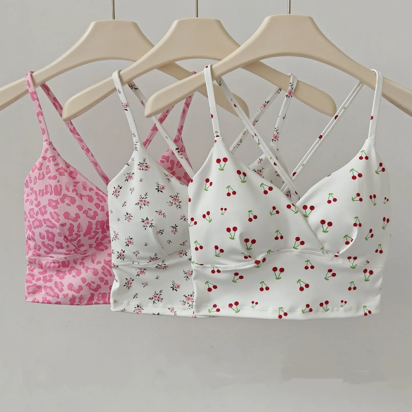 Women's V-neck One-Piece Yoga Bra Fixed Cup Shock-Proof Push-Up Sexy Printed Fitness Pilates Sports Bra