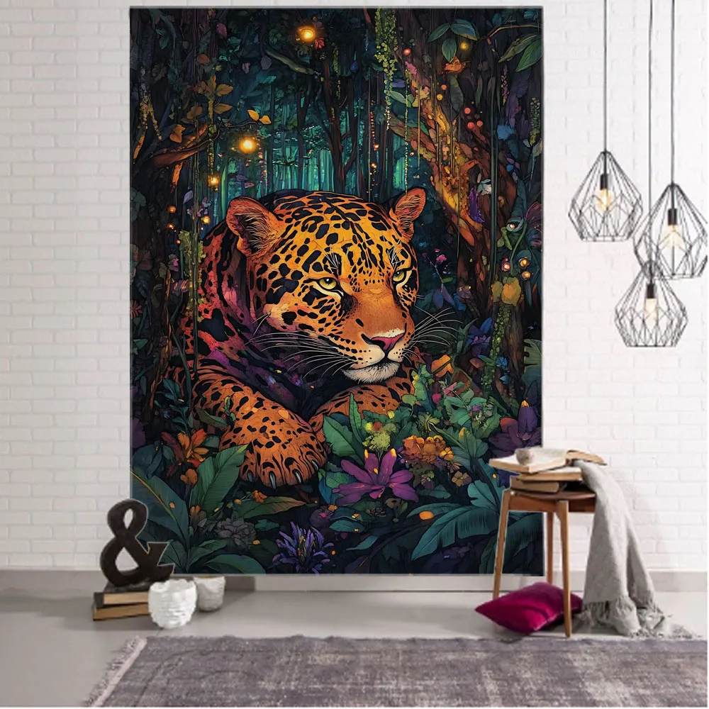 

Home decoration tapestry, animal forest, flowers birds elephants tigers leopards, dormitory bedroom art decoration wall hanging