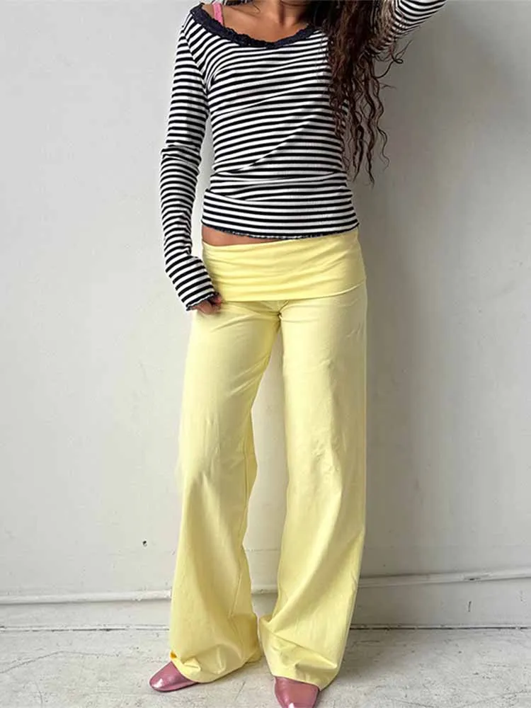 Color blocking striped wide waisted casual straight leg pants with elastic knitted drape and wide leg floor length pants