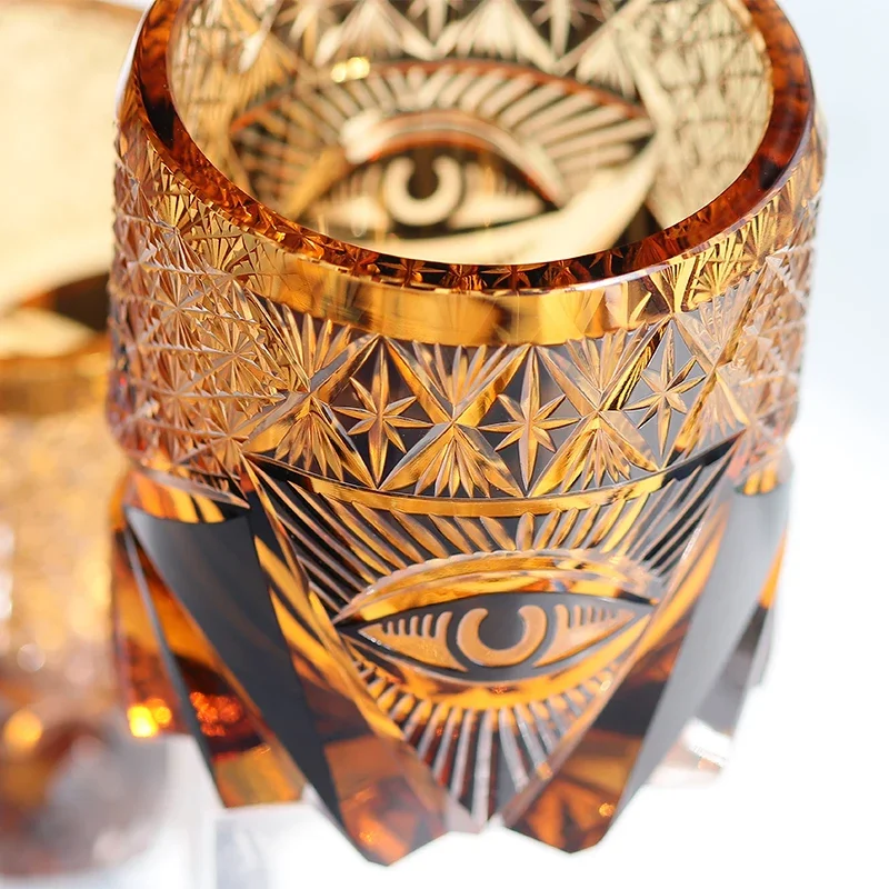Hand Carved Eye of God Amber Black Colored Edo Kiriko Glass Whisky Bourbon Brandy Drinking Glassware Premium Luxury Gifts