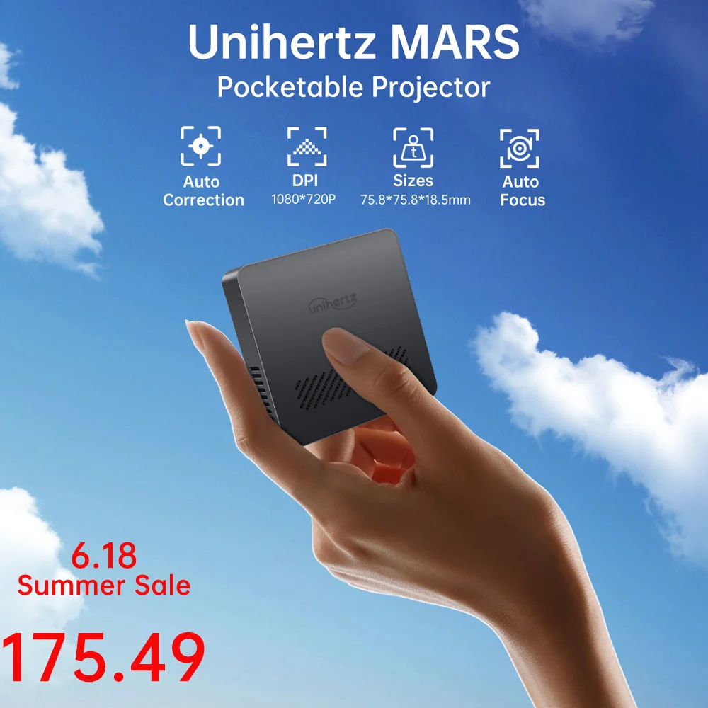 Мини-проектор Uniehrtz 8849 MARS DLP, проектор с автофокусом, поддержка ноутбука, ПК, смартфона, карманного размера, портативный уличный проектор