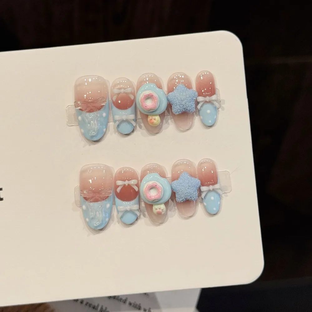 

10 Pieces Sweet Dreamy Fantasy Pink Blue Gradient Handmade Press On Nails Donut Stars Blush French Fake Nails Removable Reusable