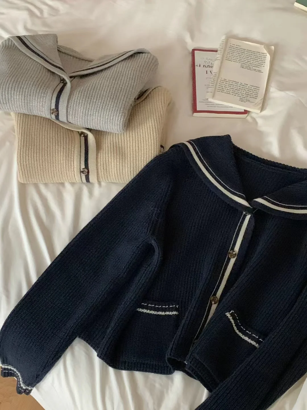 Kardigan Rajut Bulu Rakun Lembut Wanita Kerah Navy Warna Polos Panjang Lembut Nyaman Mantel Kardigan Wanita