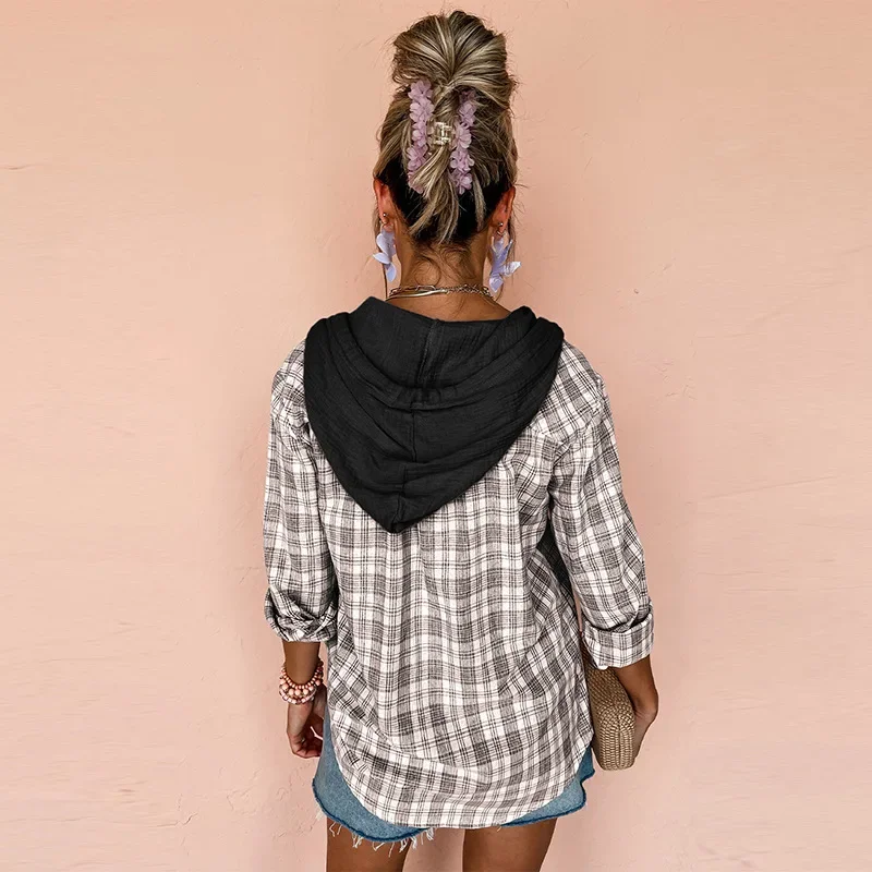 

Европейская и американская повседневная куртка-рубашка в клетку с капюшоном, женская, новинка зимы 2025, универсальная, с открытым воротом, с длинными рукавами