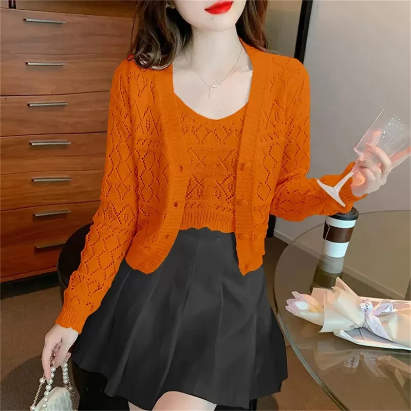 2023 Spring Autumn New Sweet and Westernized Hollow out Knit Cardigan Long Sleeve Top Short Tank Sweater Two Piece Set Fashion