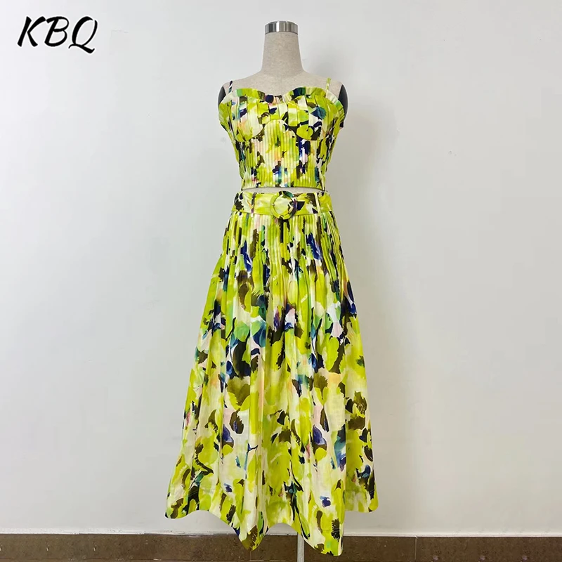 KBQ Printing Elegant Two Piece Set For Women Strapless Sleeveless Mini Top High Waist Spliced Belt Skirt Slimming Sets Female