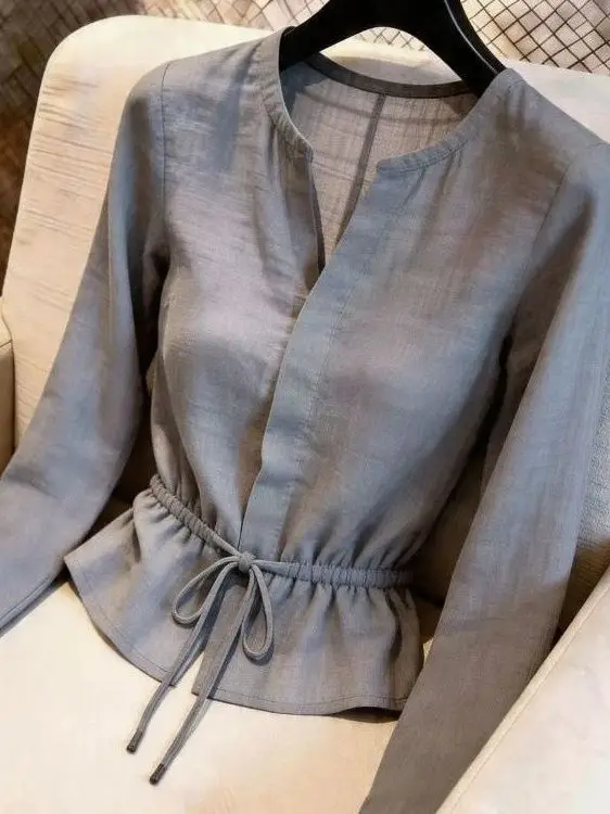 Casual Style Long Sleeve Shirt round Neck Tie Waist Design Breathable Fabric Women's Fashionable Shirt for Job Hunting Season