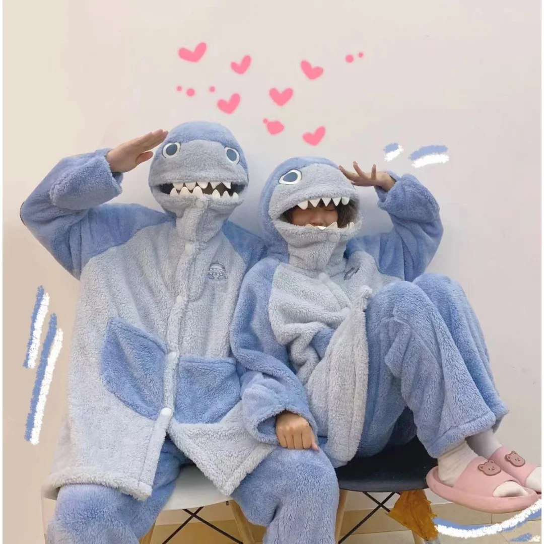 Pijama de Tiburón Azul de Invierno, Bata Larga de Forro Polar Coral Cálida, Conjunto Divertido y Adorable para el Hogar, para Mujeres y Hombres, Regalos de Halloween y Navidad