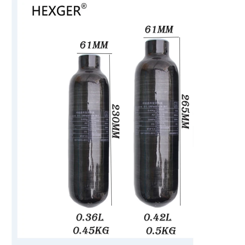 

HEXGER 4500PSI 300Bar 30MPA 0.36L 0.42L Carbon Fiber Cylinder HPA Tank Diving Scuba Bottle M18*1.5