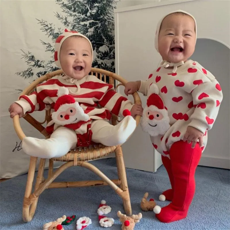 Baby Christmas Sweater Infant Long Sleeve Santa Clause Romper Hat Heart Red White Striped Children Sweatshirt Pants Clothing Set