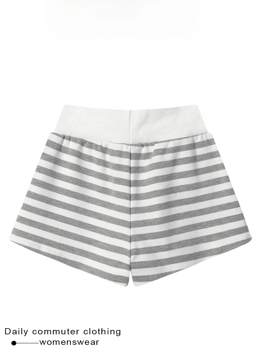 High Waist Striped Shorts Women's Summer Elastic Waist Rope Buckle Slimming Base Layer Pants Casual Straight Leg Trousers
