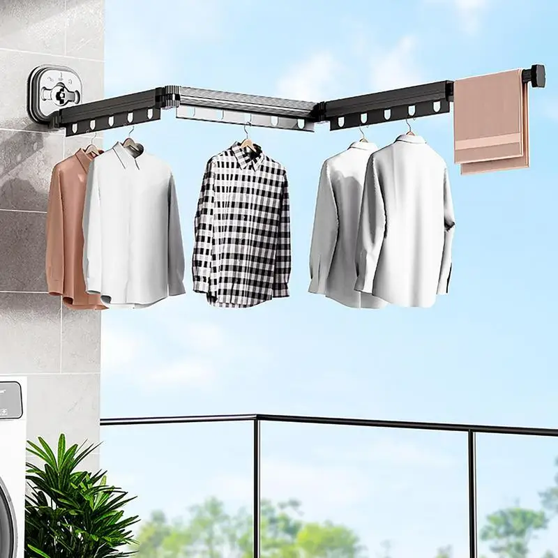 Adsorption Wall Mounted Folding Clothes Drying Rack Aluminum Retractable Portable Rack NoPunch Wall Mounted Folding Clothes Rack