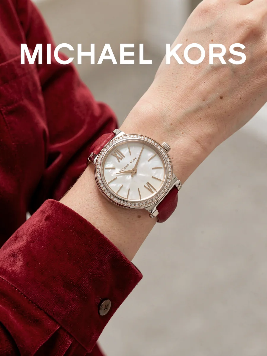 Michael Kors Women's Quartz Watch Rose Gold Crystal Bezel Red Leather Strap Mother Of Pearl Roman Dial for Festival Dating