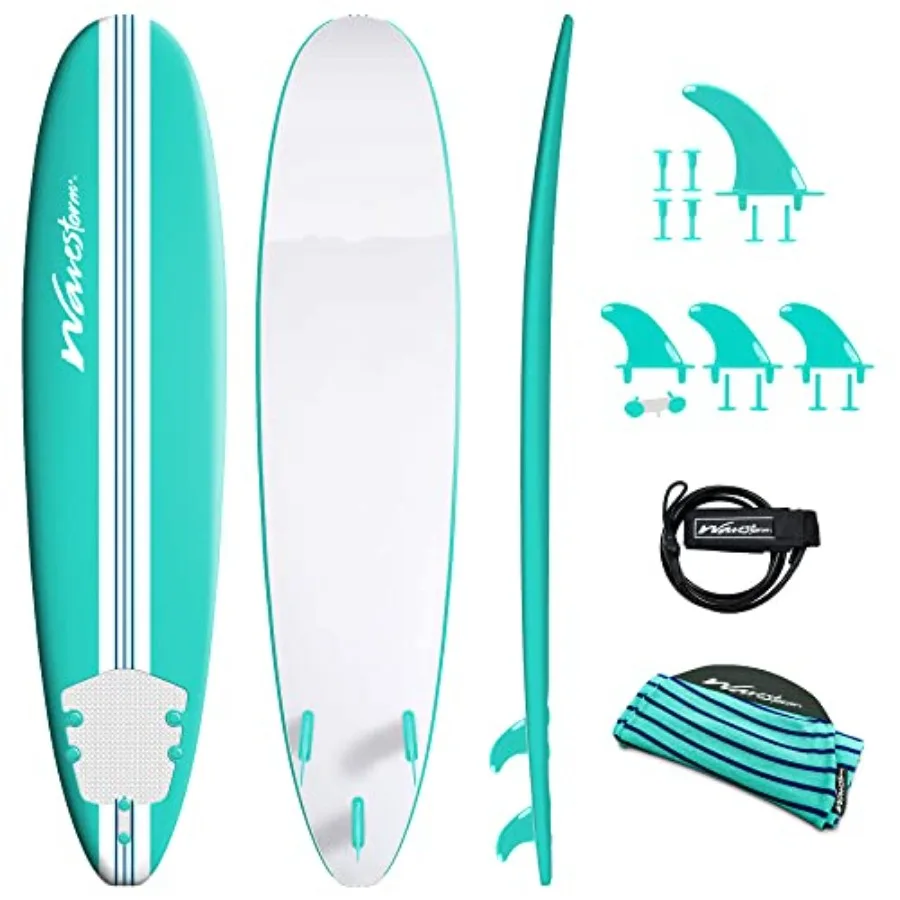 

8ft Premium Classic Longboard Surfboard for beach and ocean use, made of epoxy resin, blue color with glossy finish and enhance