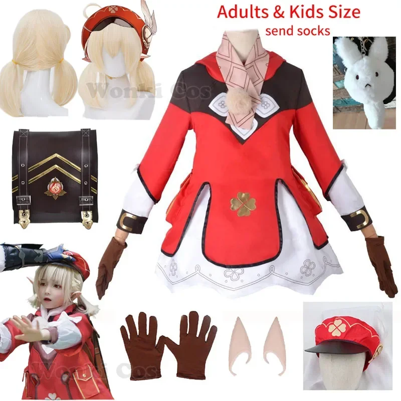 Game Impact Klee Cosplay Costume Wig with Hat Full Set Cute Loli Dress Klee Dodoco Backpack Bag for Kids Cosplay