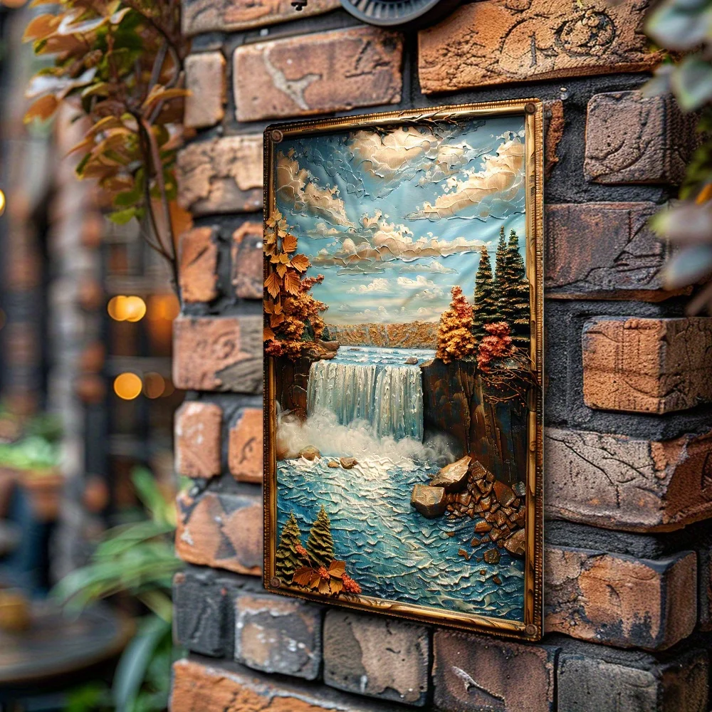 Vintage Waterfall Scene Aluminum Tin Sign - Wall Hanging Art for Home Garden Store - Moisture Resistant for Indoors/Outdoors