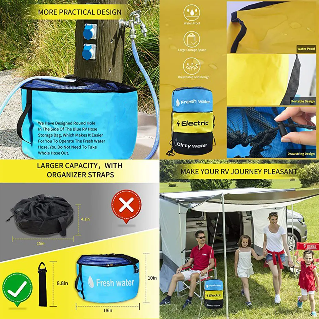 RVs Caravans Hose Storage Bag Drawstring Pouch Hiking Organizer Blue