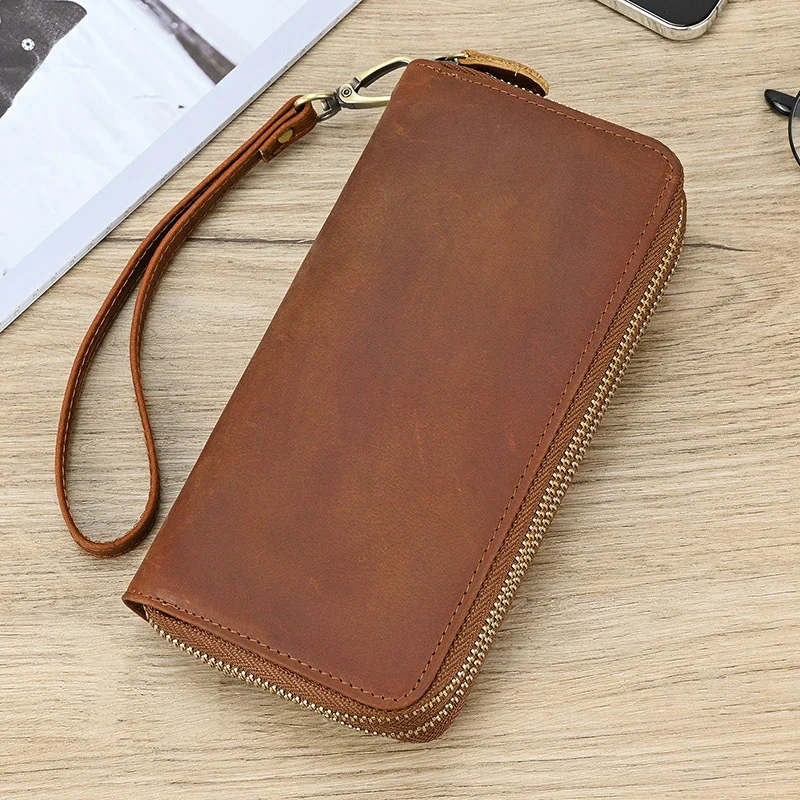 Men's Crazy Horse Leather Long Wallet Double Zipper Layer Cowhide Handbag Vintage Mobile