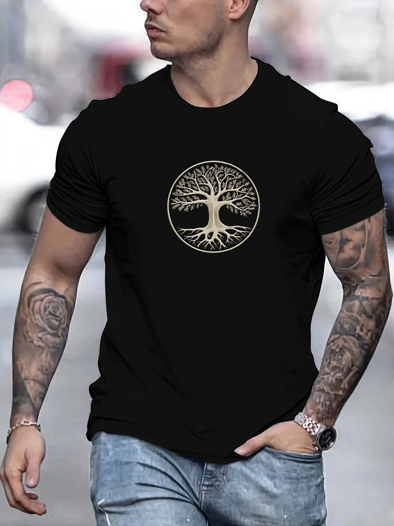 Men's round neck short sleeved T-shirt top summer 100% pure cotton fashionable casual sports wide pine pattern printed Clothing image 3